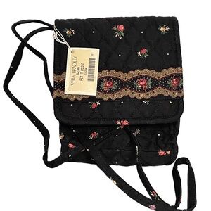Vera Bradley Mini Hipster Crossbody Cross Body Swing Bag Black w/Roses NWT